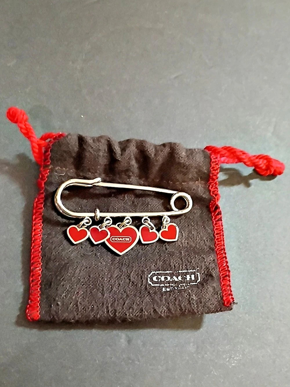 Coach Multi Heart Charm Safety Pin Brooch Silver Tone & Red
